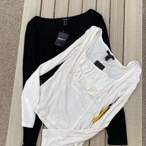 NWT - 2 Forever 21 (F21) Ribbed Knit Long Sleeve Tops, Size Medium, ivory/black